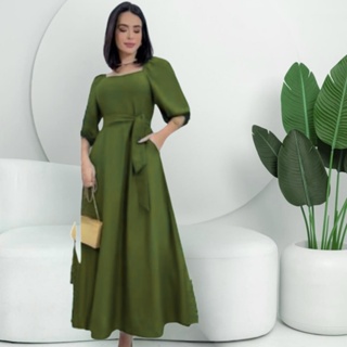 vestido mídi com ELASTICO NA MANGA, forrado y com bojo em Oferta na Shopee