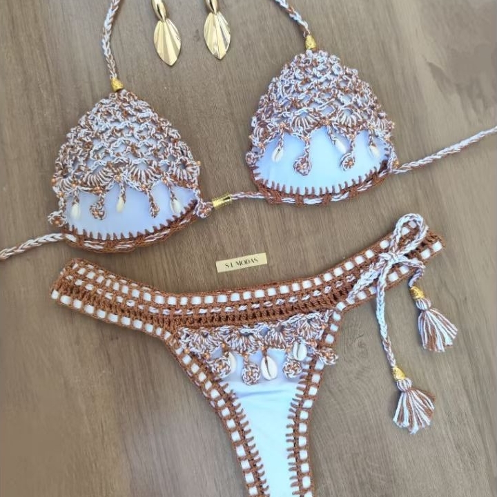 Biquíni Crochê Luxo Branco Luz do Mar | Conchas Naturais | Feito à Mão – SL Modas Crochê Exclusivo