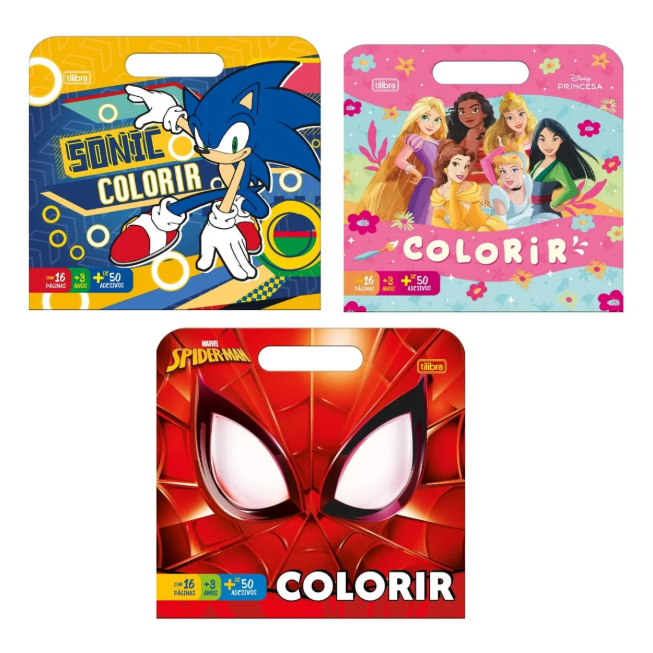 Álbum Livro Para Colorir Maleta: Sonic Princesas Spider-man 8 Folhas 16 Desenho Com 68 Adesivos - Tilibra
