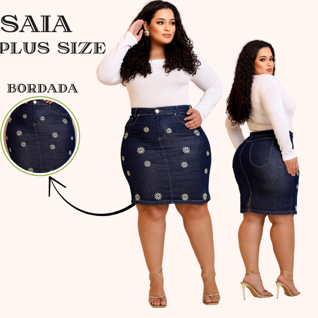 Saia Plus Size do 46 ao 54 Evangelica Jeans Com Bordado em Oferta na Shopee