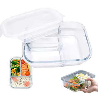 Pote de Vidro Com Tampa Hermética 3 Divisórias 1 Litro Marmita Fitness Retangular