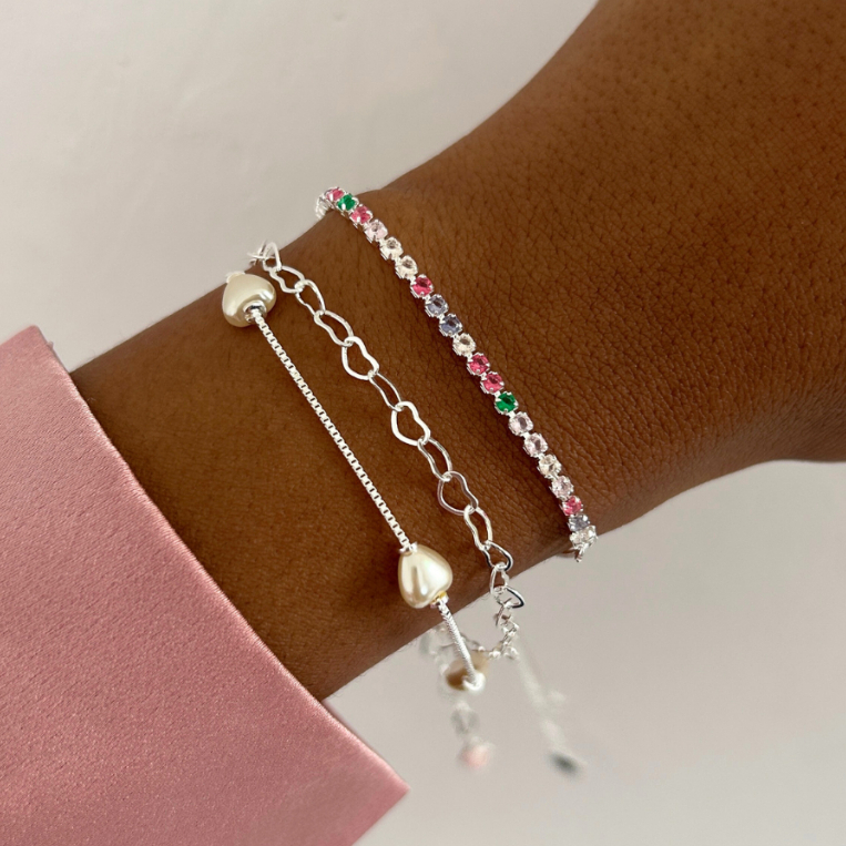 Kit Pulseiras Dupla Elos Coração e Pérola + Riviera Colorida
