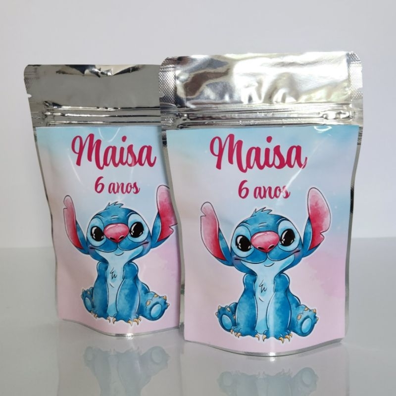SAQUINHO METALIZADO STITCH AQUARELA LEMBRANCINHA PERSONALIZADA PARA FESTA INFANTIL MENINA/MENINO