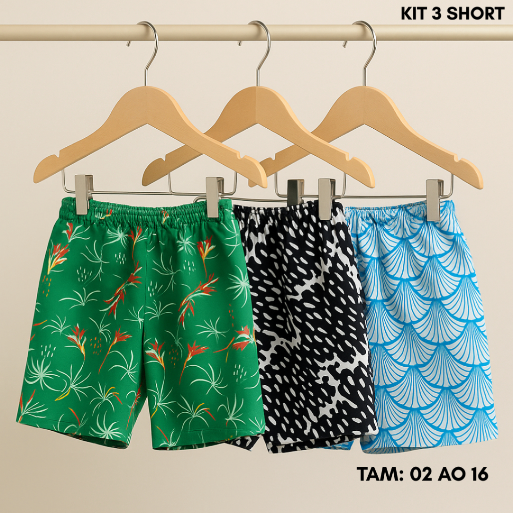 Kit 3 Short Tactel Estampado Bermuda Infantil Masculino Juvenil Menino Praia Verão
