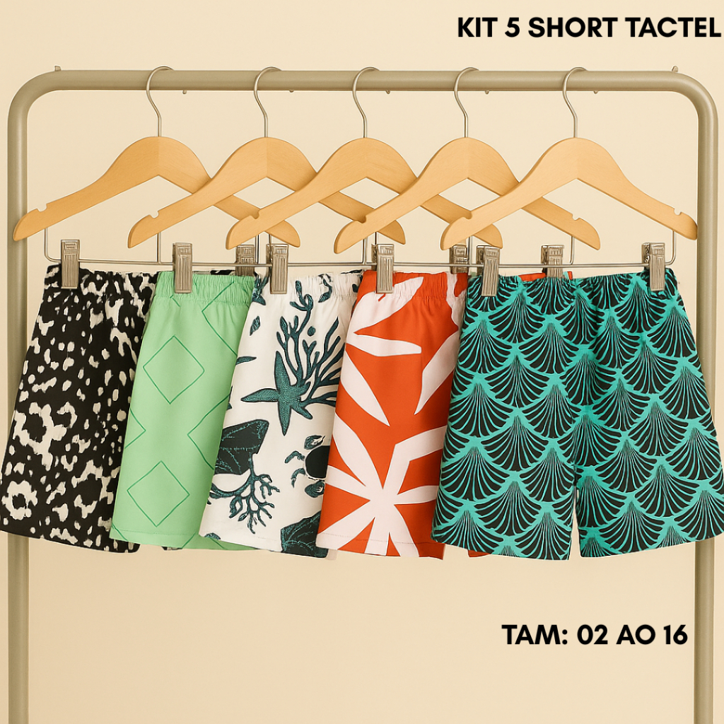 Kit 5 Short Tactel Estampado Bermuda Infantil Masculino Juvenil Menino Praia Verão
