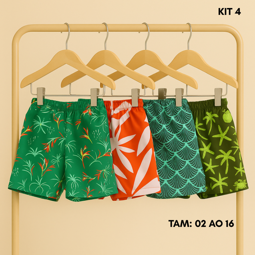 Kit 4 Short Tactel Estampado Bermuda Infantil Masculino Juvenil Menino Praia Verão