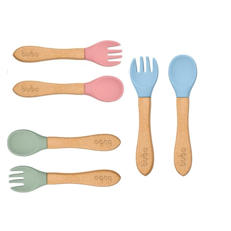 KIT TALHERES EM SILICONE CABO EM BAMBU - introdução alimentar