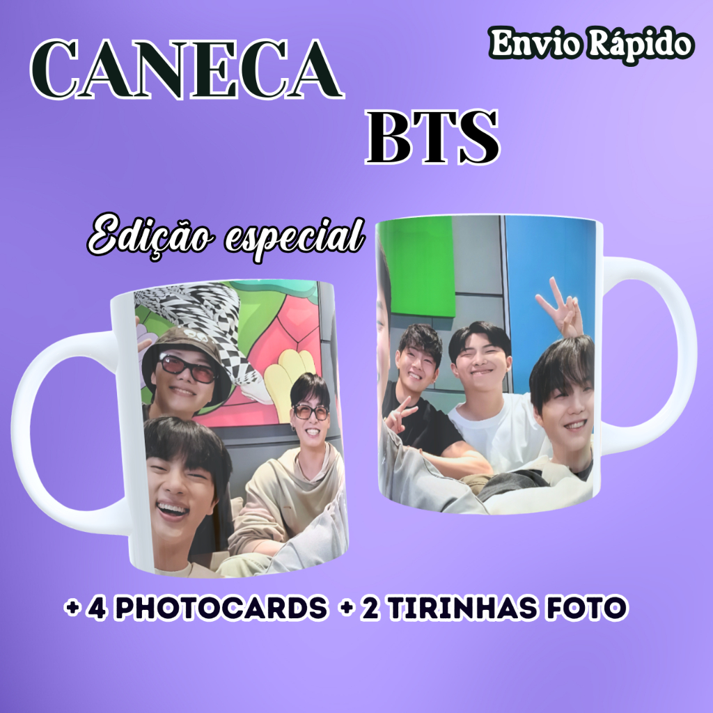 Caneca BTS - kpop + 4 Photocard + 2 Fotos Tirinhas
