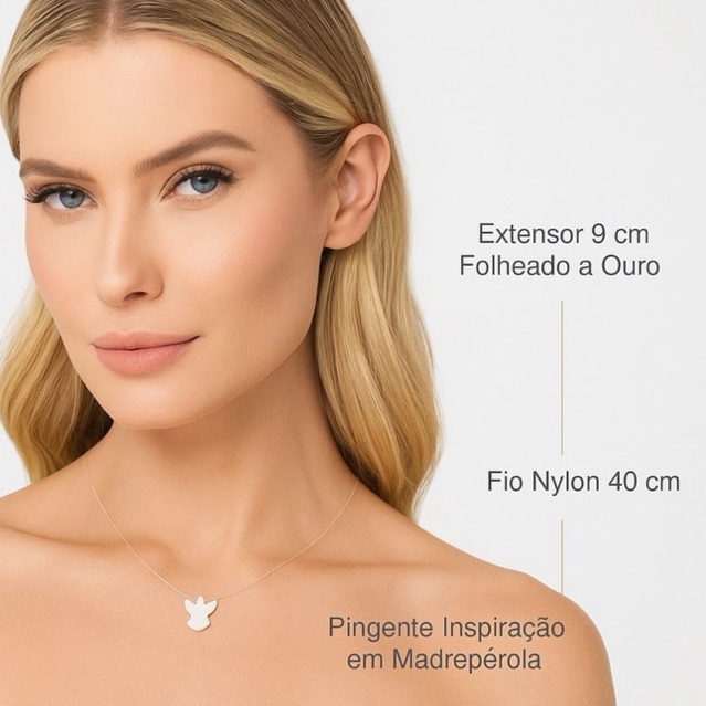 Detalhes do Colar Divino Espírito Santo em Madrepérola - Semi Joias Folheadas a Ouro 18k