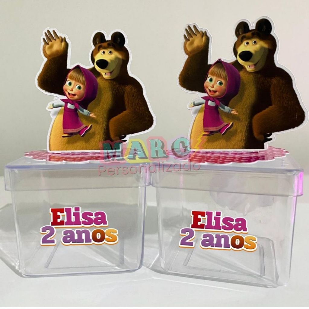 Apliques em pé Personalizados para Caixinha ou latinha 5x5 Lembrancinhas (NOME ADESIVO + APLIQUE TEMA) Masha e o Urso