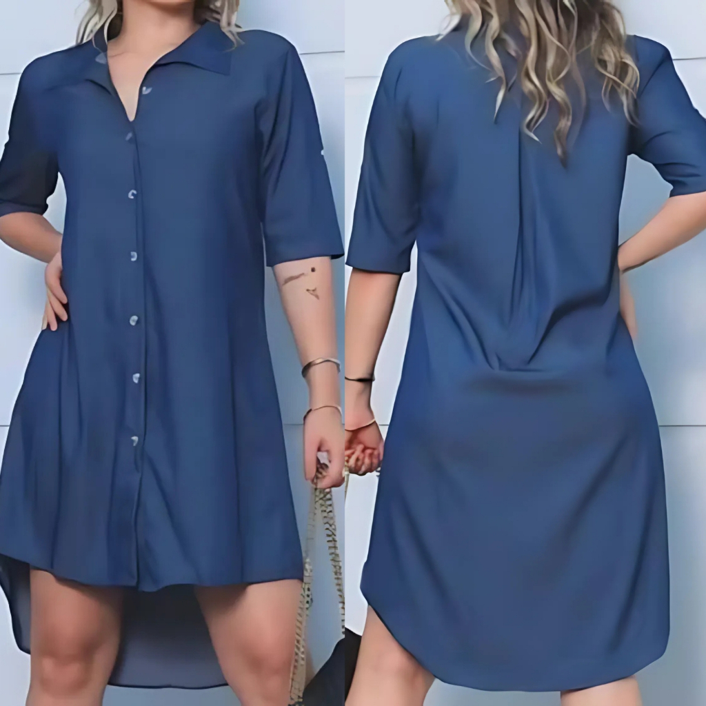 Chemise Jeans Feminina Elegante Chambray Manga 3/4 Fecho em Botões Disponível nos M, G e GG  G1 em Oferta na Shopee