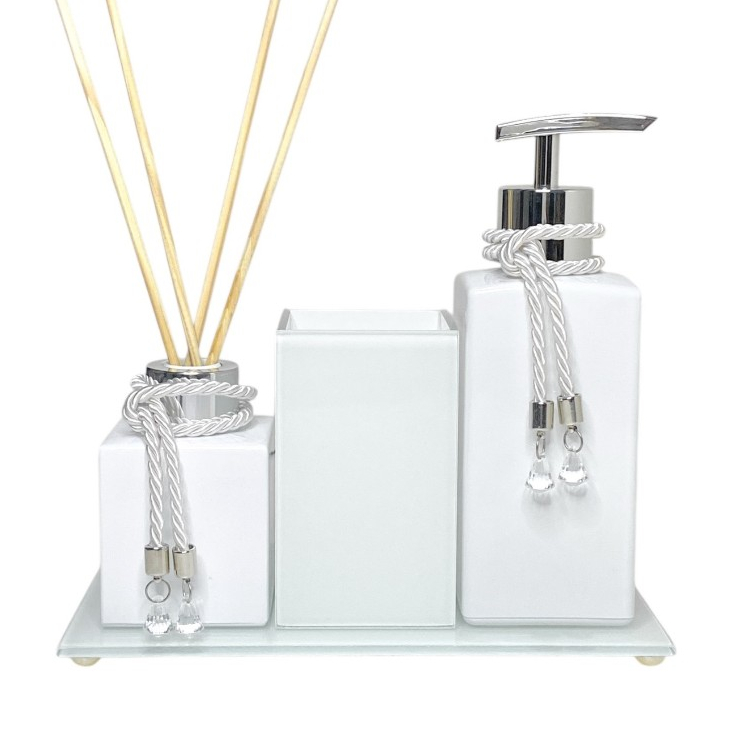 Kit Lavabo Banheiro Branco Moderno Porta Escova Aromatizador Saboneteira C/ Bandeja Luxo