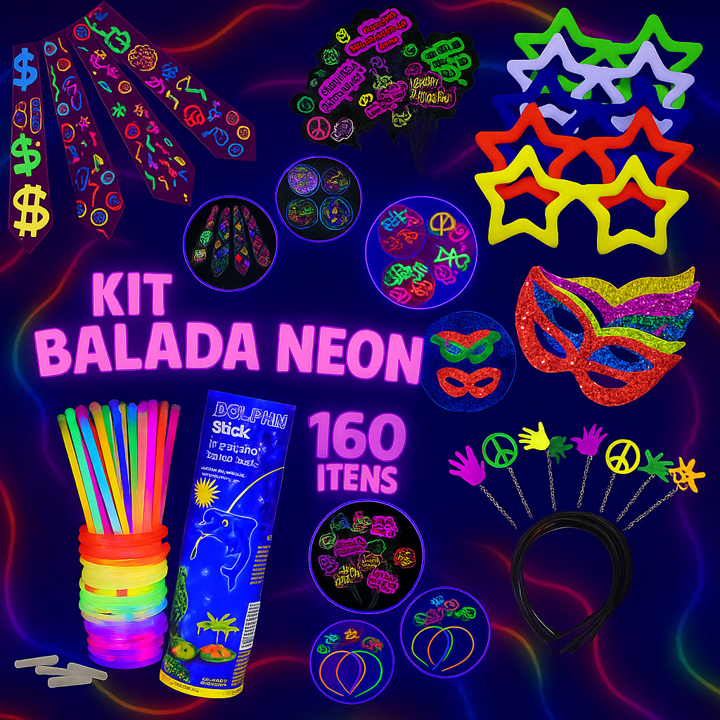 Kit Balada Neon 160 Itens Para 50 Convidados Festa Acessorios Variados