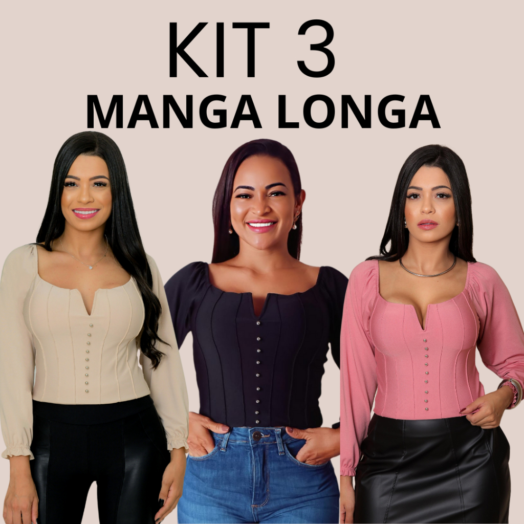 KIT 3 Blusa feminina cropped manga longa com bojo e perolas