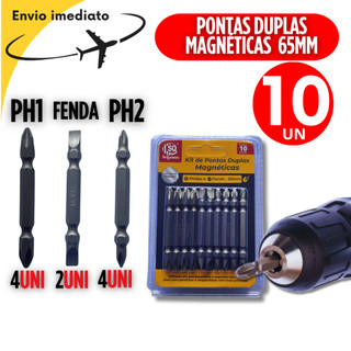 Conjunto Kit  10 Unidades Ponteira Parafusadeira Com 10 Bit Ponta Dupla Magnético fenda e phillips