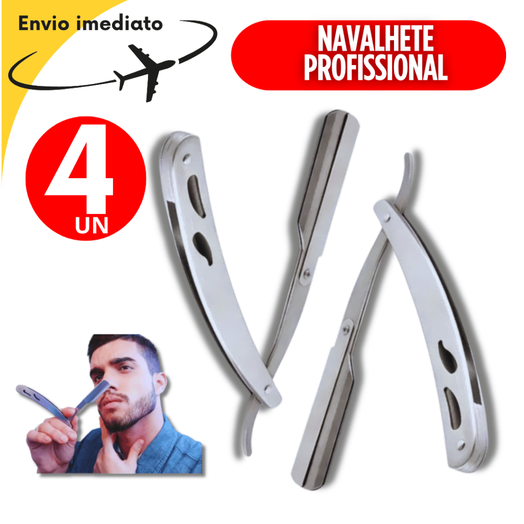 Kit 04 Navalhete Barbeiro Aço Inox Profissional para Barbear Corte de Cabelo Corte Afiado Metal Barbearia Cabeleireiro