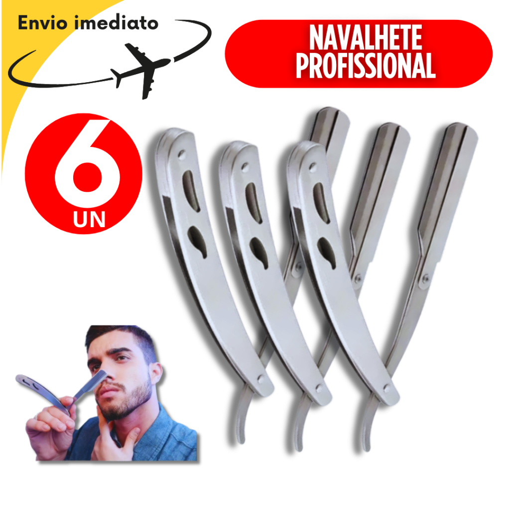 06 Navalhete Barbeiro Aço Inox Profissional para Barbear Corte de Cabelo Corte Afiado Metal Barbearia Cabeleireiro
