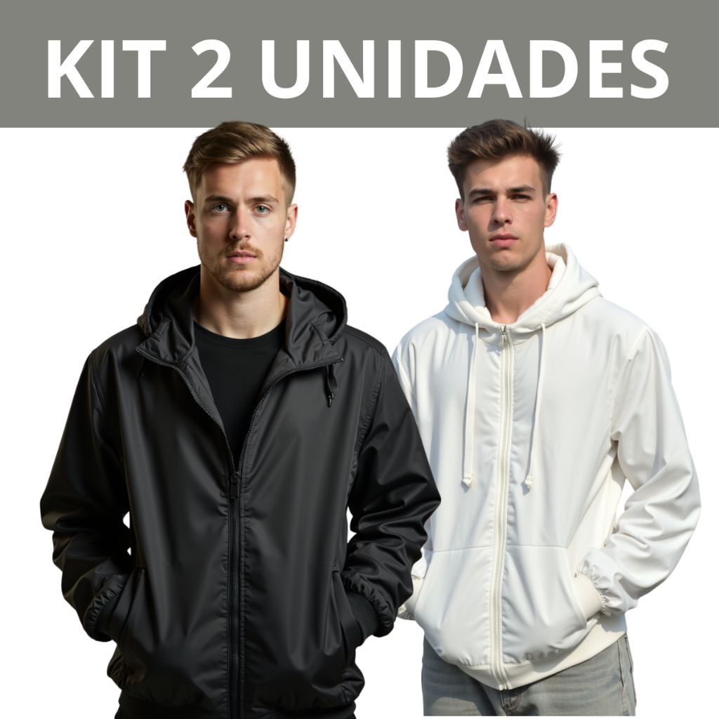 Kit combo com 2 Jaquetas Masculinas Corta Vento Agasalho Blusão Forrado com Capuz Preto Branco