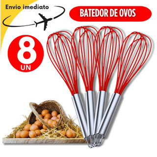 Kit 08 -  Fouet Fue Batedor Manual de Ovos Claras Molhos Bebidas Inox e Silicone Inox Premium