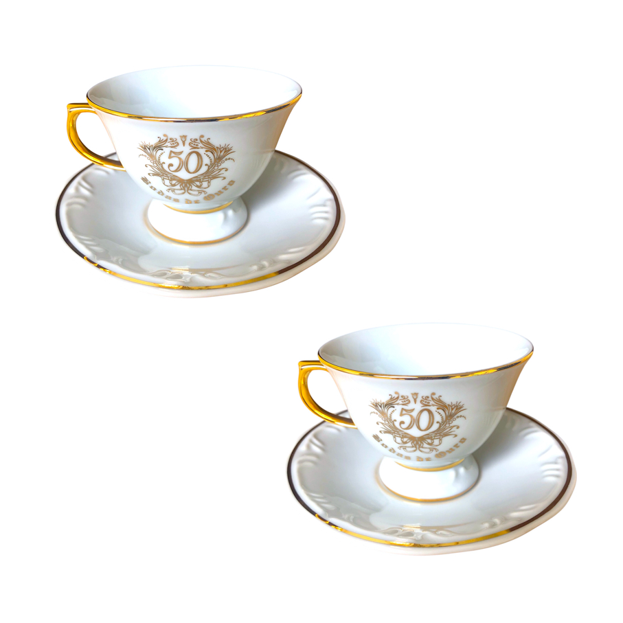 2 Xícaras de Chá 200ml C/pires Porcelana Schmidt Bodas Ouro