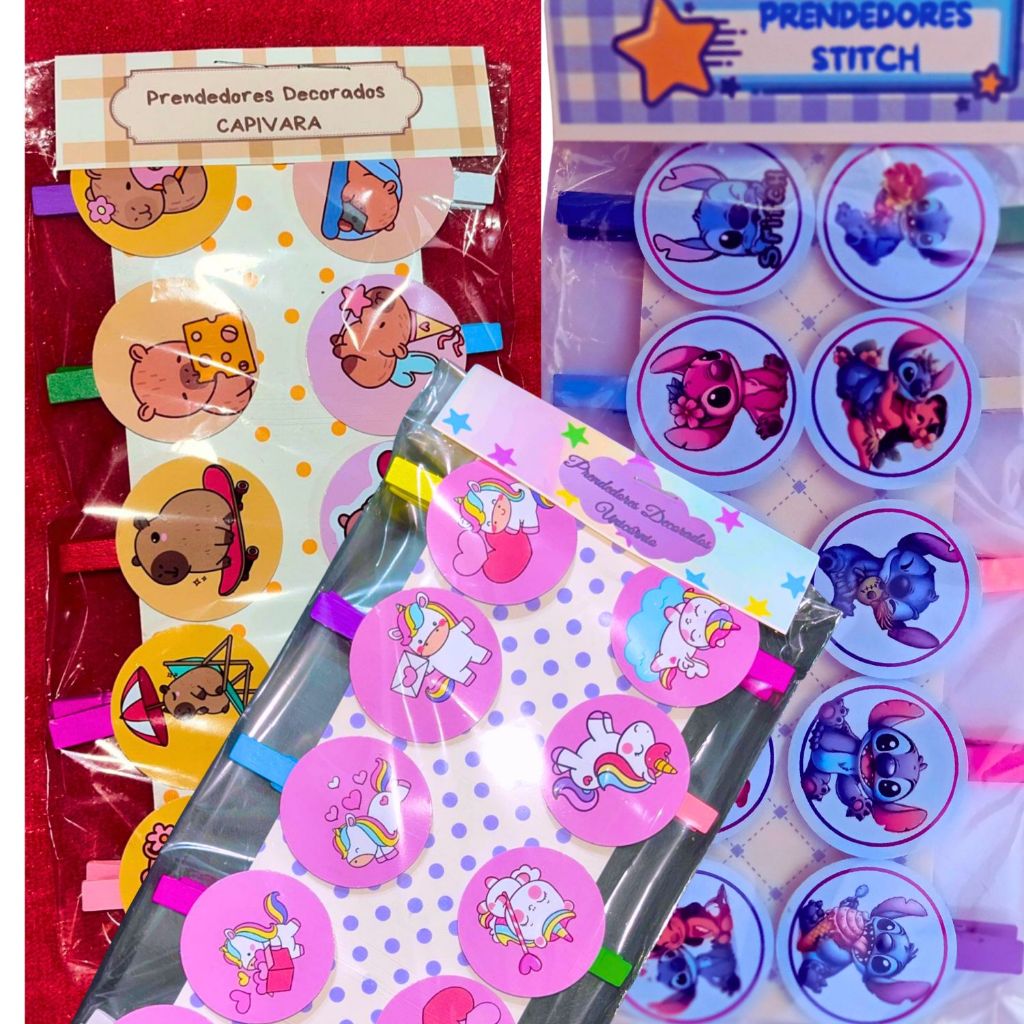 CARTELA PREND. UNICÓRNIO, STITCH E CAPIVARA-- VARAL DE FOTOS -  LEMBRANCINHAS - ANIVERSÁRIOS