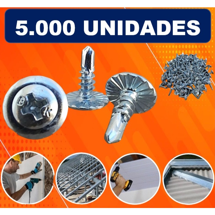 5.000 Parafuso AutoBrocante Flangeado Serrilha 4,2x13 mm (8x1/2) Calha Chapa Acabamento Madeira Forros PVC Drywall
