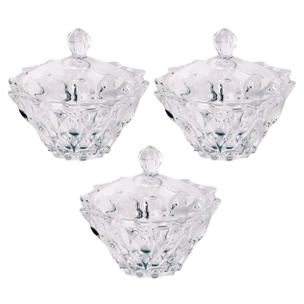 Conjunto 3 Baleiro E Bomboniere De Vidro Para Serviço De Mesa E Decoração Enfeite Presente Multiuso