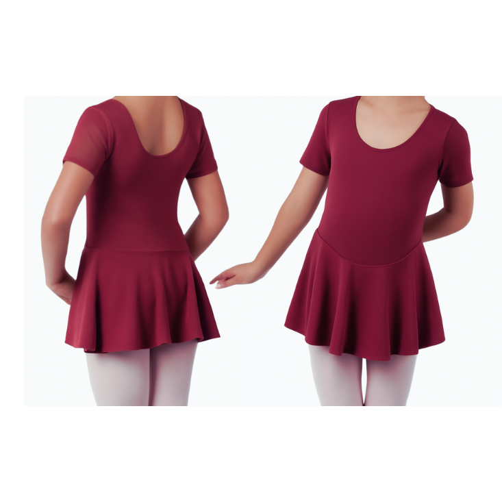 Collant Ballet Manga Curta Com Saia Acoplada Bordô/Vinho-  Balé Infantil