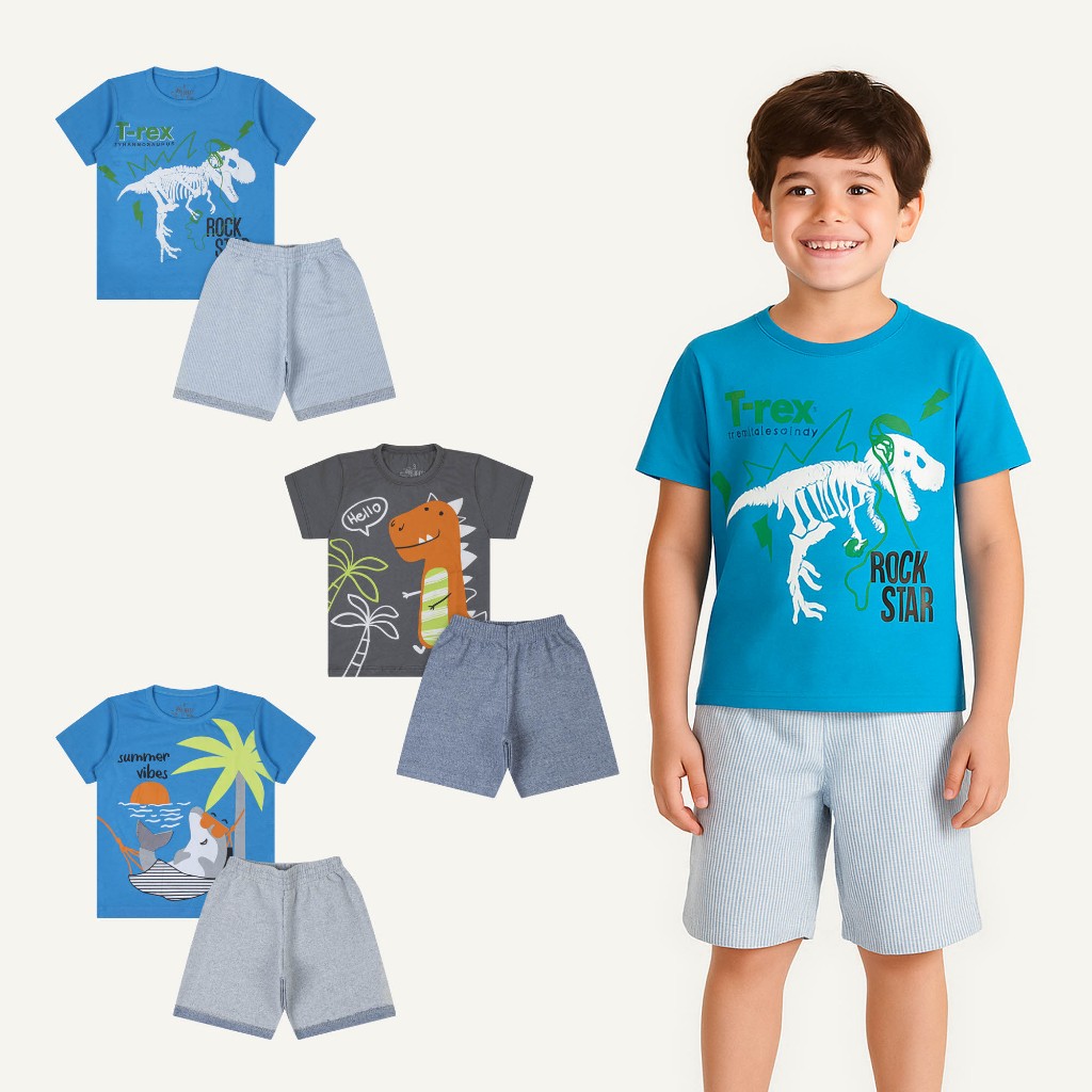 Conjunto 1 Conjunto/Kit 2 Conjuntos SORTIDO Infantil Camiseta+Bermuda Moletinho Menino Verão