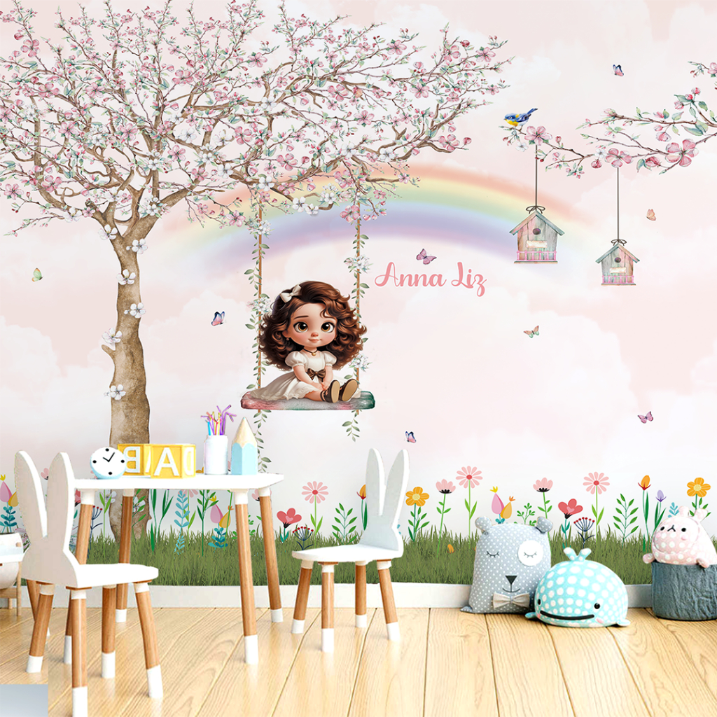 Papel de Parede Adesivo Infantil Jardim Encantado e Menina no Balanço Para Decorar Quarto