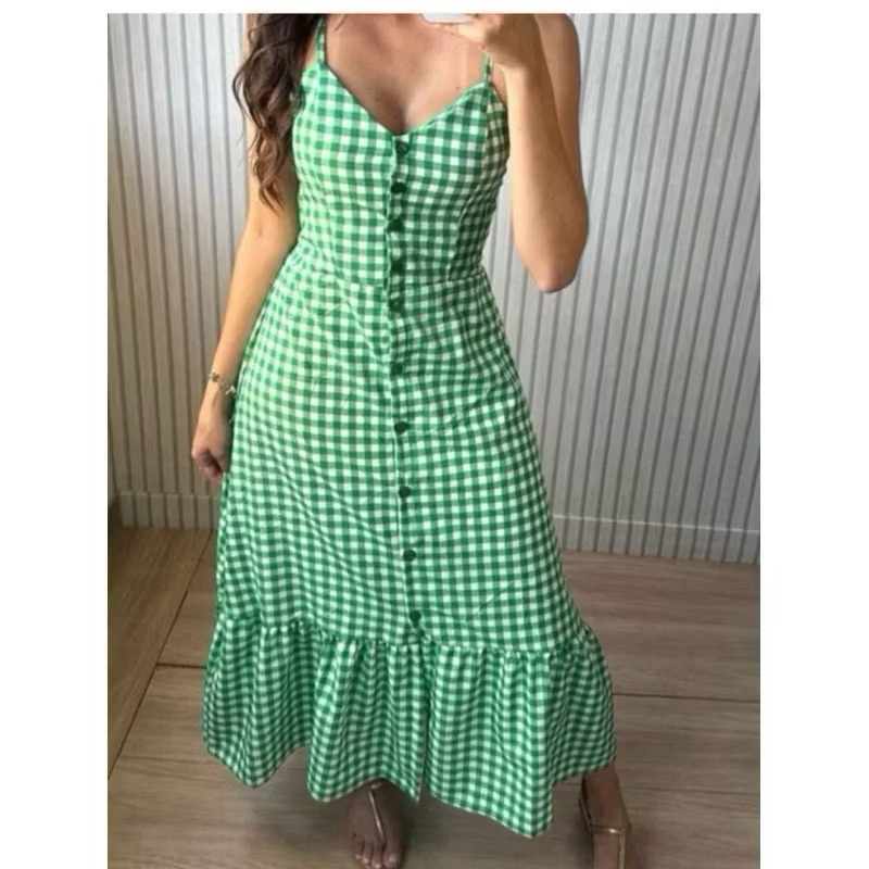 Vestido longo xadrez Crepinho com botões H-1