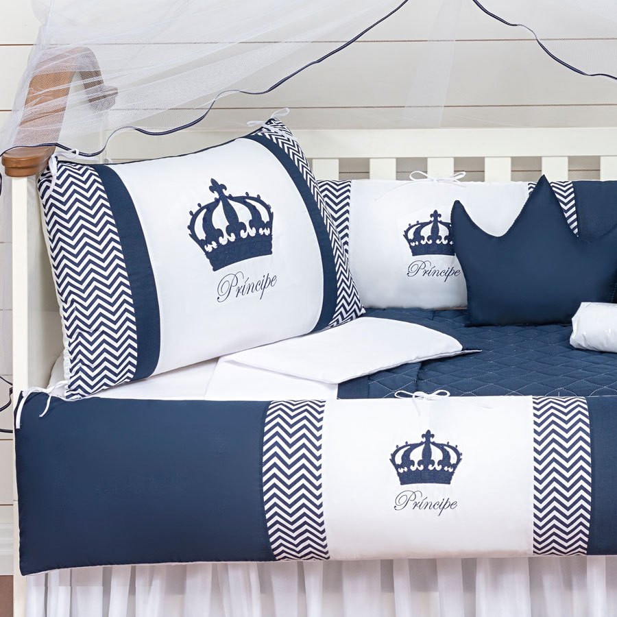 Kit Berco Coroa 2 Lat 11 Pcs Menino Principe Marinho Bebe Chevron Protetor Americano Mosquiteiro