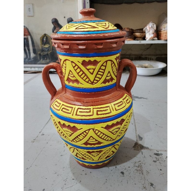 Quartilhão com Alça Cerâmica Marajoara cor Amarelo com Azul Escuro