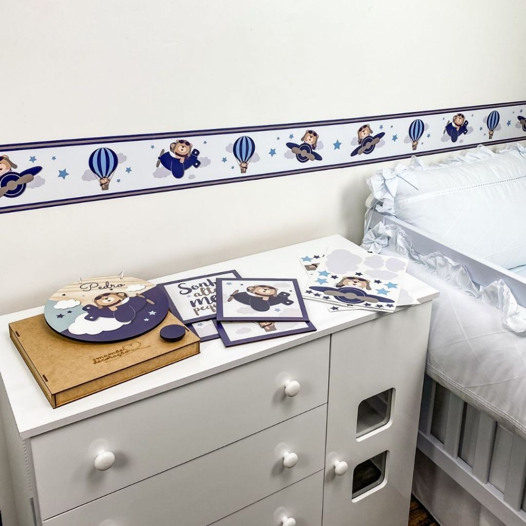 Kit com Faixas Adesiva Decorativa De Parede Urso Aviador Ursinho Baloeiro Infantil