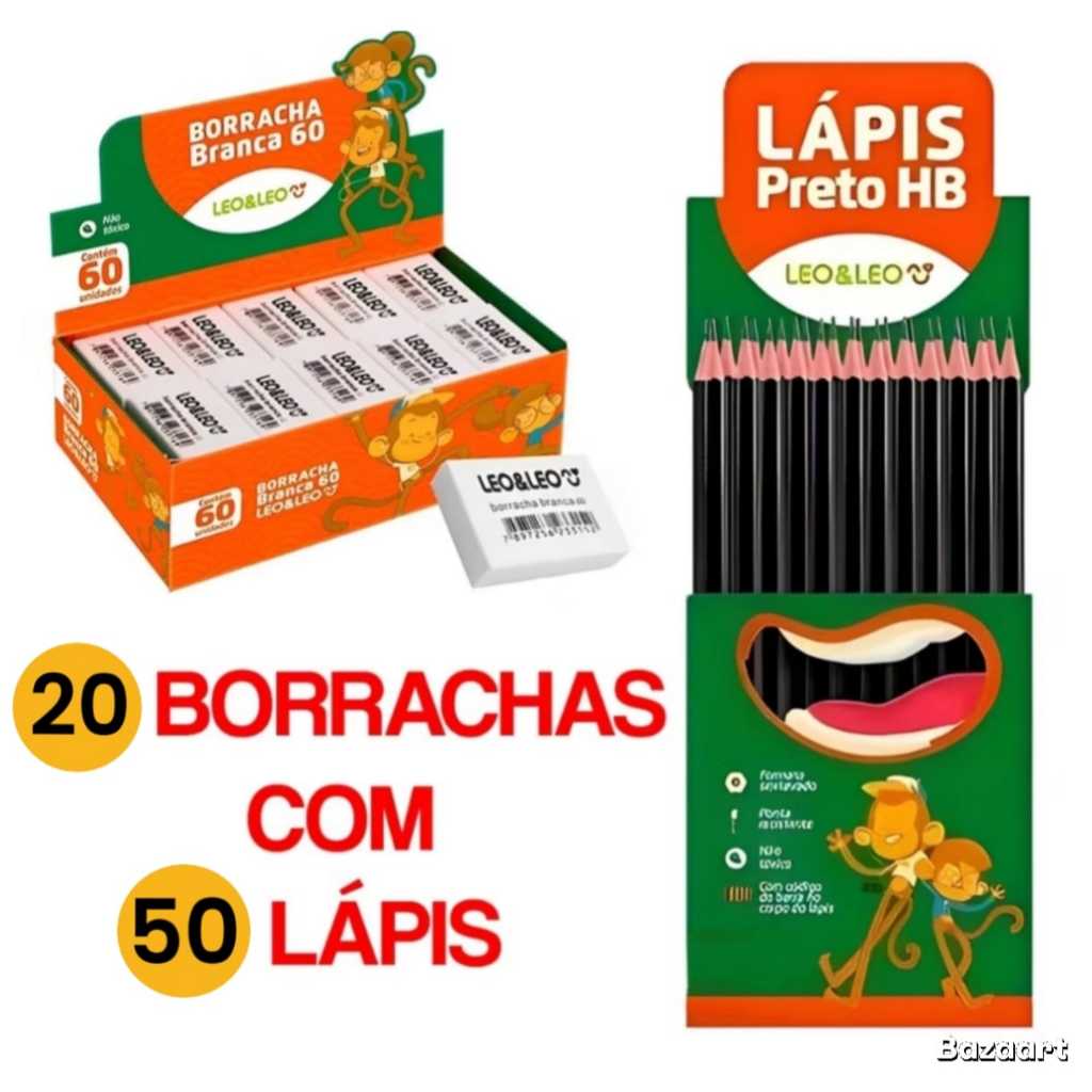 Kit 50 Lápis De Escrever Preto Grafite Hb + 20 Borracha Escolar Branca Nº60  LEO&LEO em Oferta na Shopee
