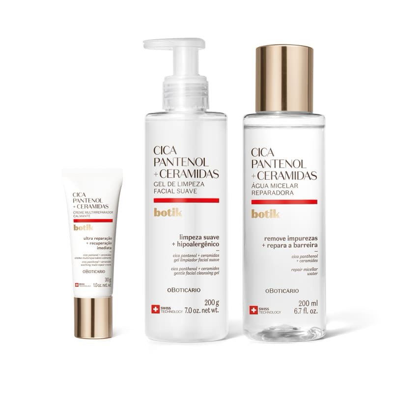 Kit Botik Cica Pantenol E Ceramidas: Gel de Limpeza Facial Suave 200g + Água Micelar 200ml + Creme Facial Calmante 30g