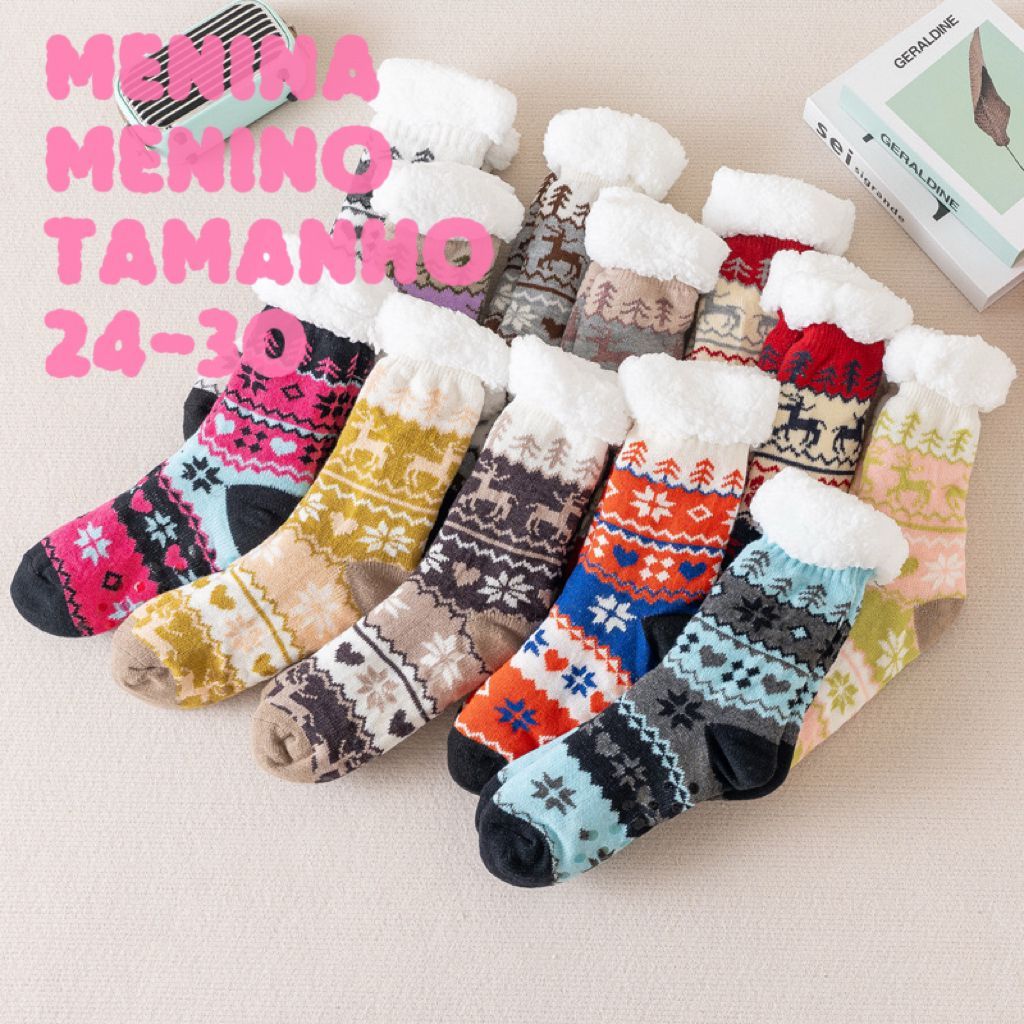 KIT2,1 Meias térmicas grossas infantis de lã de corte alto para se aquecer no inverno 3-16ANOS Tamanho 24-30 em Oferta na Shopee