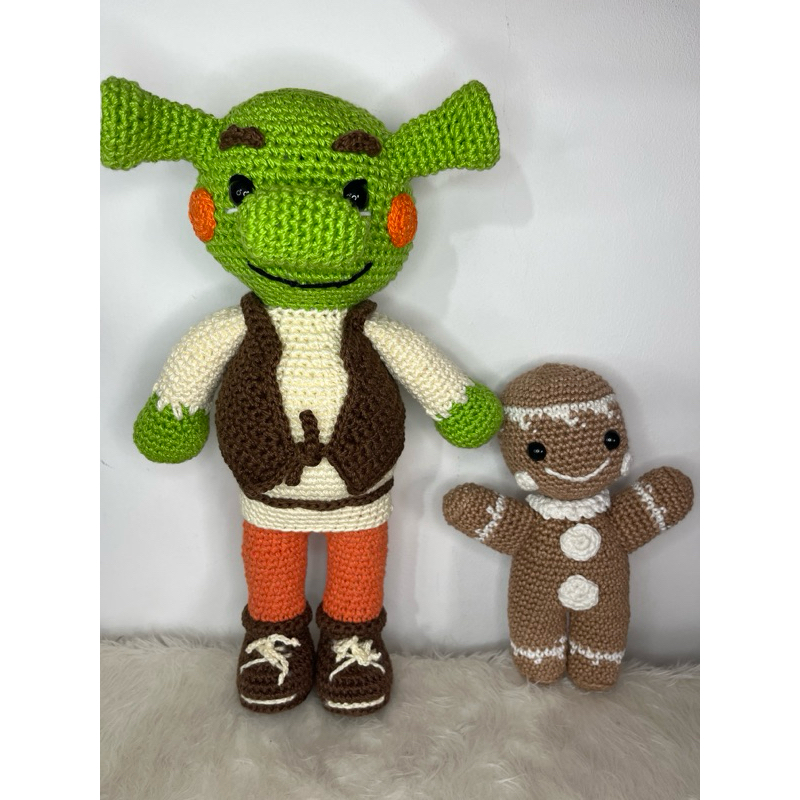 PRONTA ENTREGA Boneco Shrek em Crochê Amigurumi Ogro Pelúcia Filme Fiona Burro Dragão Biscoito