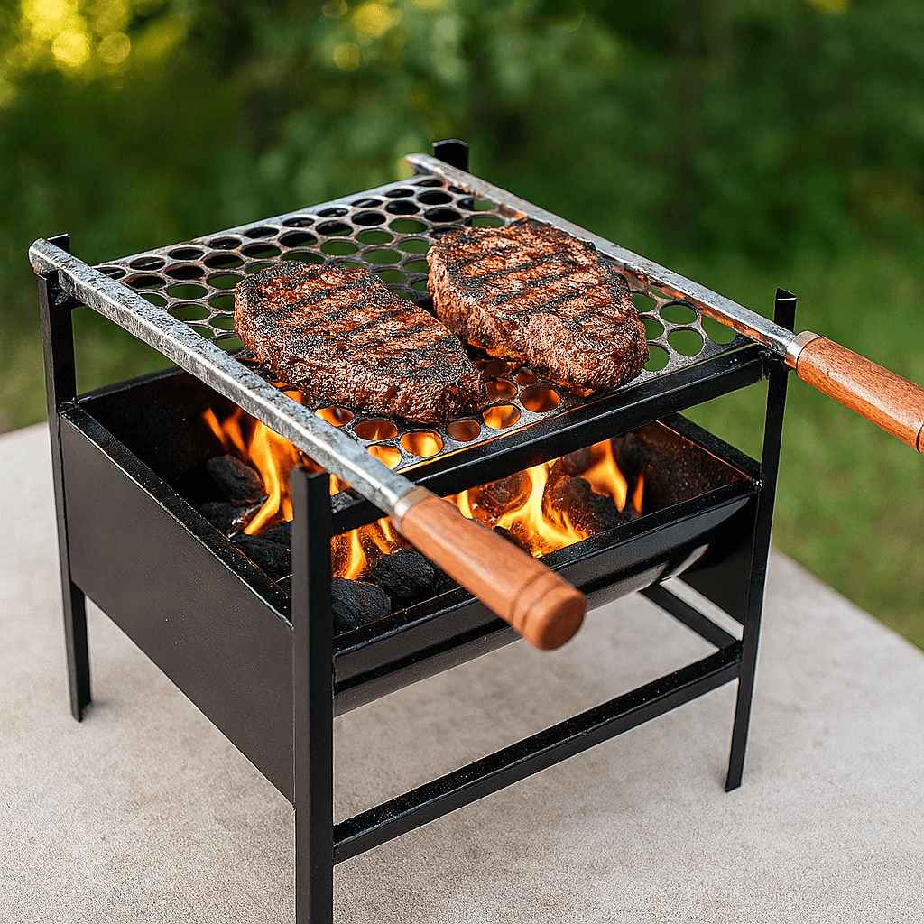 Churrasqueira Portátil Aberta com Grelha e Alça Madeira Ideal para Camping e Pesca