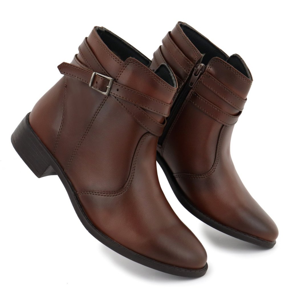 Bota Feminina Cano Curto Detalhe com 2 Tiras e Fivela Ziper na Lateral Salto Baixo Casual Elegante