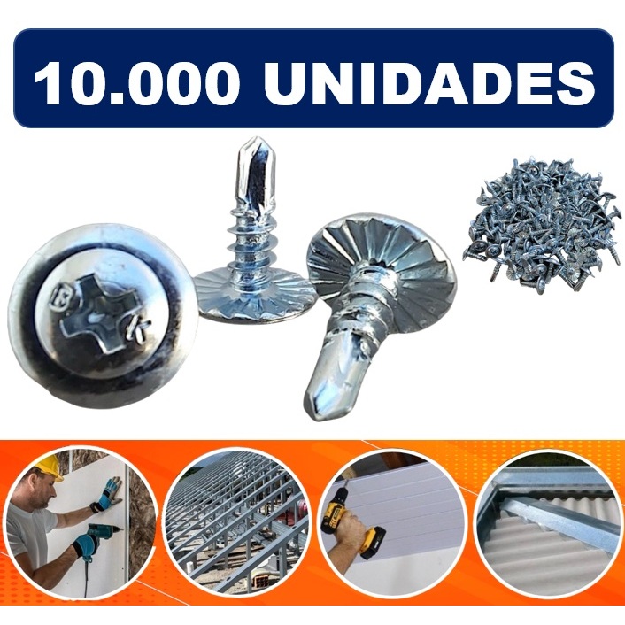 10.000 Parafuso AutoBrocante Flangeado Serrilha 4,2x13 mm (8x1/2) Calha Chapa Acabamento Madeira Forros PVC Drywall