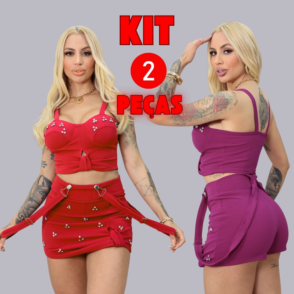 Kit 2 Peças Estilo Blogueira – Conjunto Cropped e Short Saia Salopete em Malha Crepe + cropped com bojo