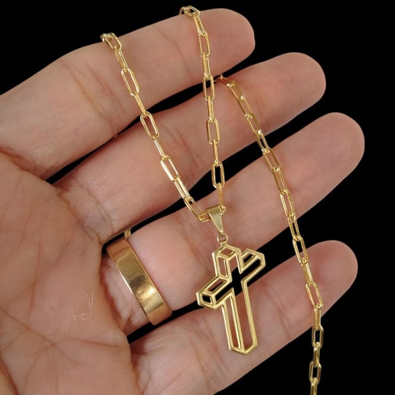 Corrente Cordão Masculino Moeda Antiga 100% Cadeado Alongado 3mm com Pingente