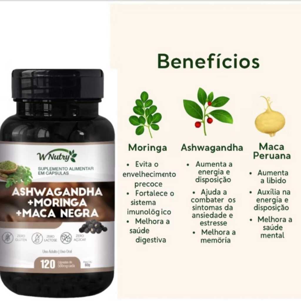 W NUTRY- ASHWAGUANDHA+MORINGA+MACA NEGRA 120 CAPSULAS 100% NATURAL em Oferta na Shopee