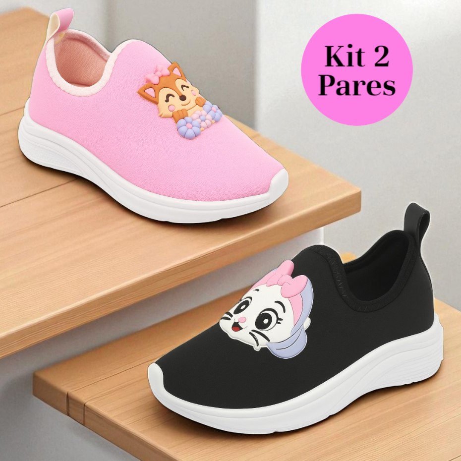 Kit 2 Pares Tênis Infantil Menina Escolar Calce Fácil Antiderrapante Volta às Aulas Kit 2 Pares Tênis Infantil Menina Escolar Calce Fácil Antiderrapante Volta às Aulas