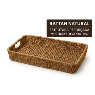 Bandeja Rattan Natural 40x25cm Mesa Café Lavabo Organizador Decoração Rústica Mimo Style