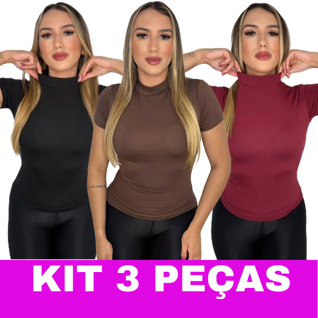 Kit 3 Blusas Feminina T-Shirt Baby Look Gola Alta Cacharrel em Viscolycra - Elegância e Conforto em Oferta na Shopee