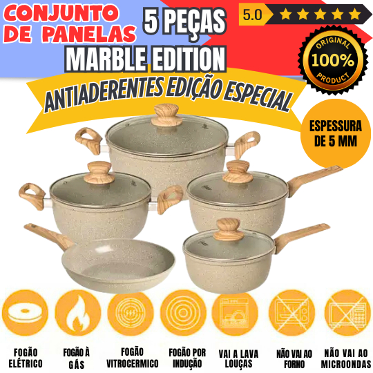 🔹 JOGO DE PANELAS OSTER MARBLE EDITION 5 PEÇAS CINZA | ANTIADERENTE, INDUÇÃO E SOFISTICAÇÃO