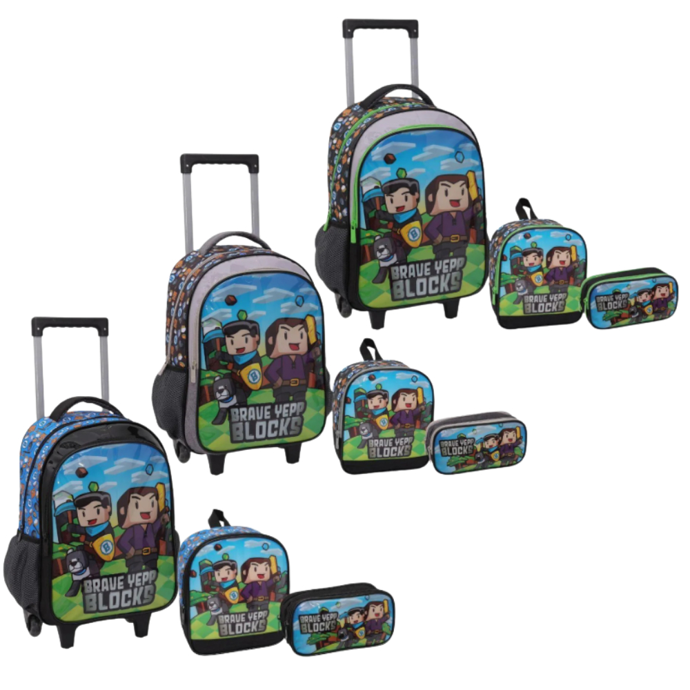 Mochila Infantil Menino Rodinha Escolar Gamecraft Brave Yepp Blocks Reforçada Kit Com Lancheira Térmica e Estojo Duplo