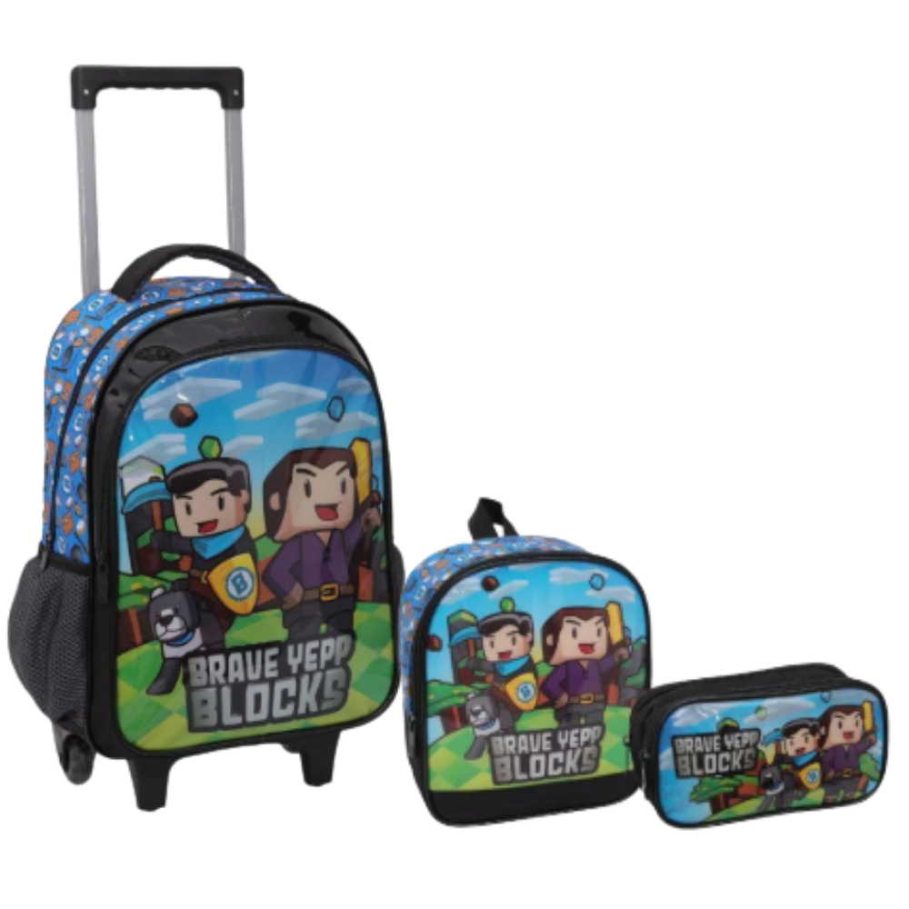 Mochila Infantil Menino Rodinha Escolar Yepp Gamecraft Brave Blocks Kit Bolsa Masculina Reforçada Com Lancheira e Estojo